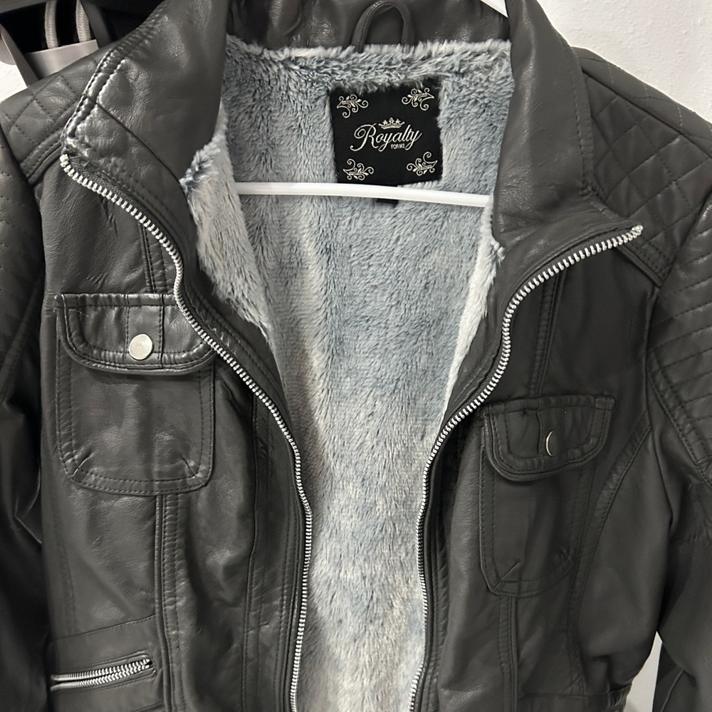 Grey leather jacket with fluffy inside, so comfy and cute